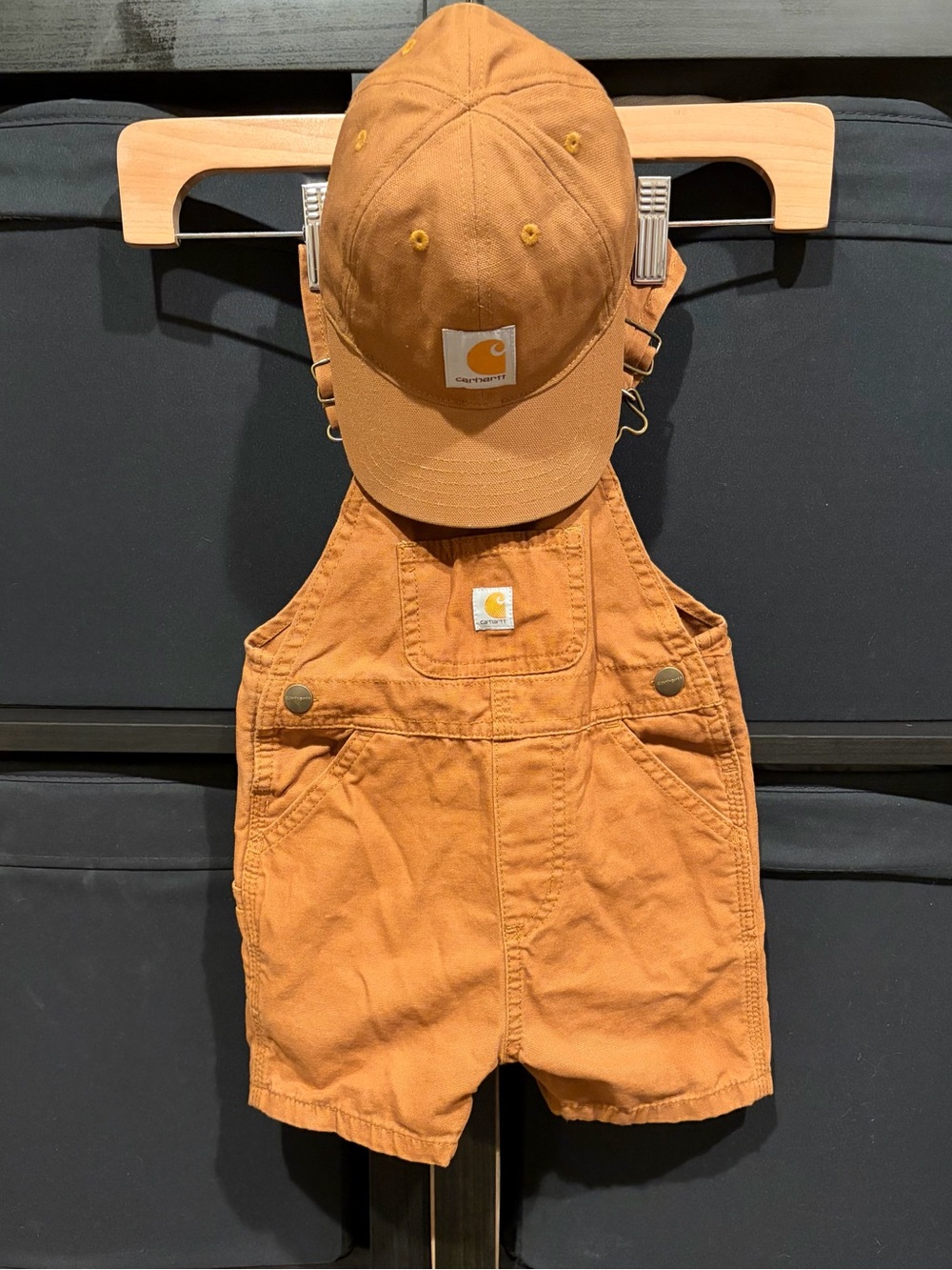 Carhartt Baby Toddler Brown Shortall Overall Matching Cap Hat 12 Month